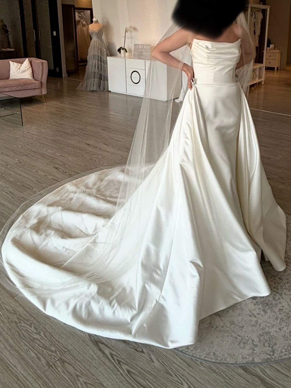 Justin Alexander satin Wedding Gown with Essense of Australia overskirt